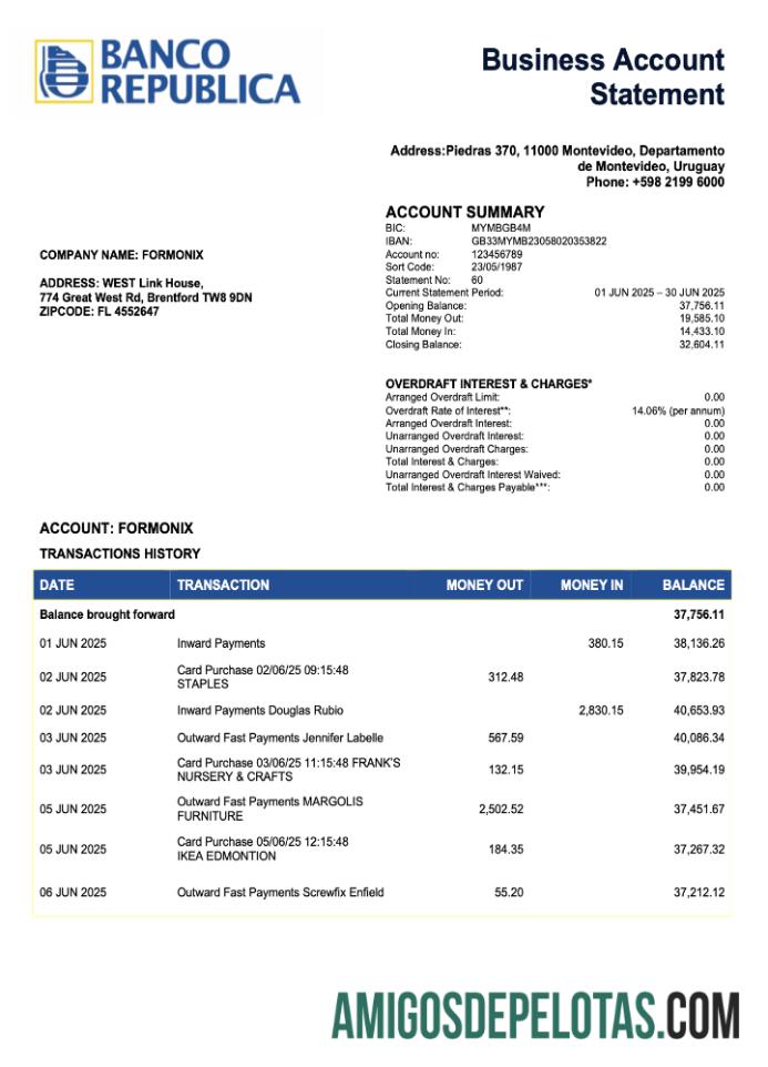 Imprimível Uruguai Banco De La Republica Oriental Del Uruguai Extrato de conta corrente corporativa Modelo Word e PDF